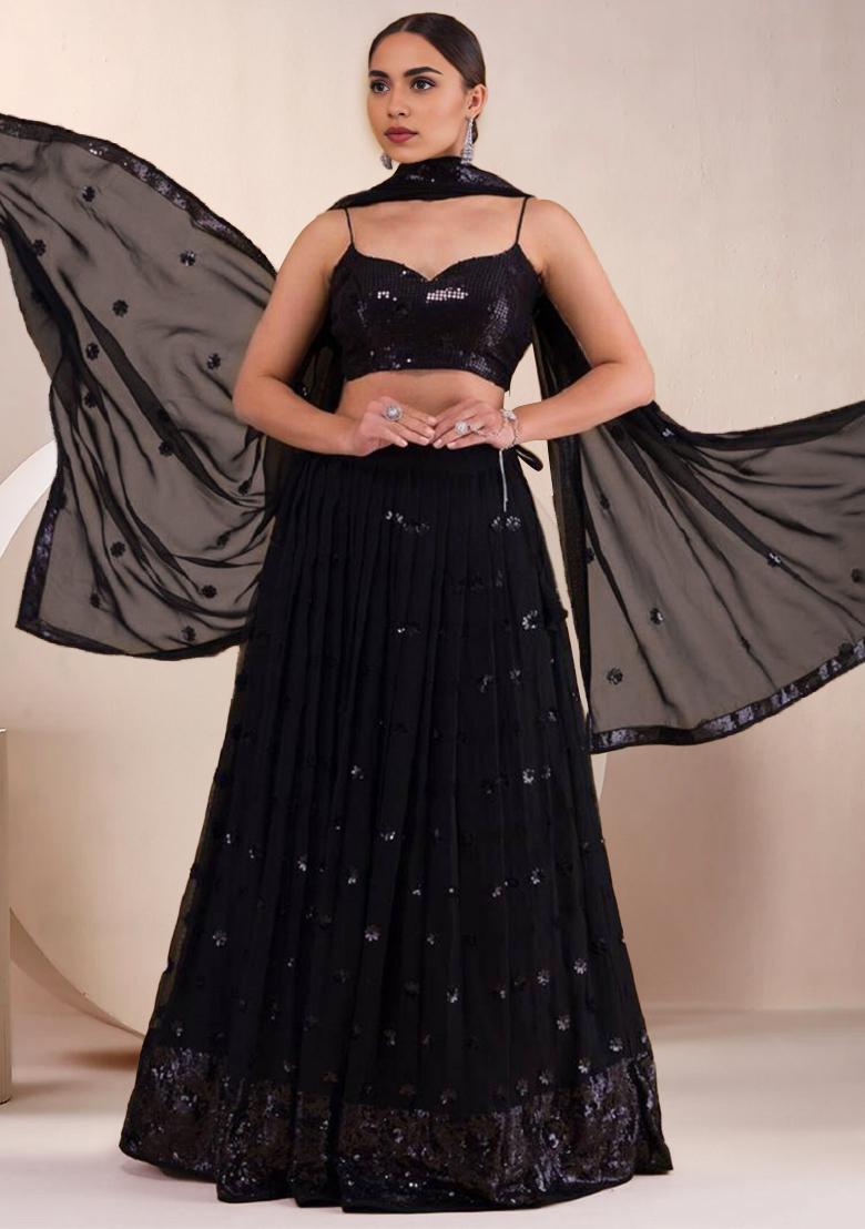 Black Embroidered Georgette Lehenga Set