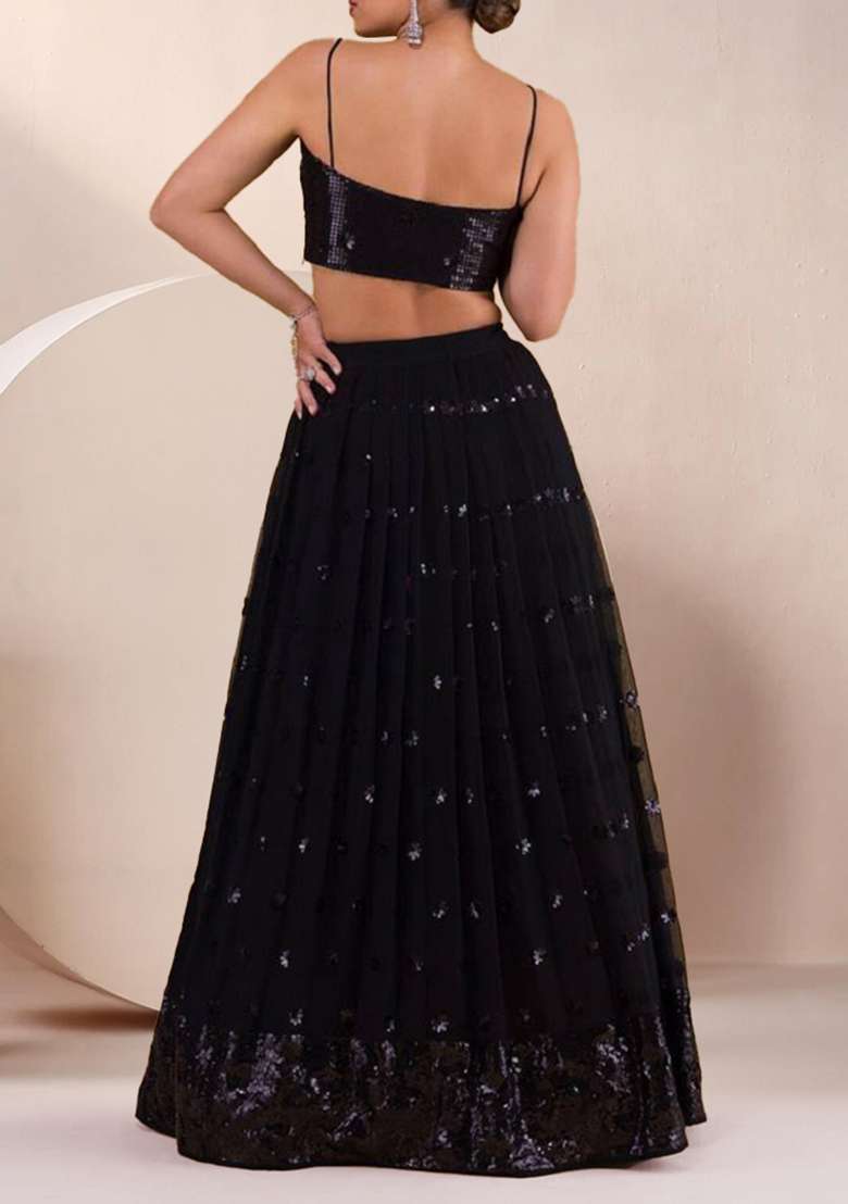 Black Embroidered Georgette Lehenga Set for Diwali and Festive Wear - Indya