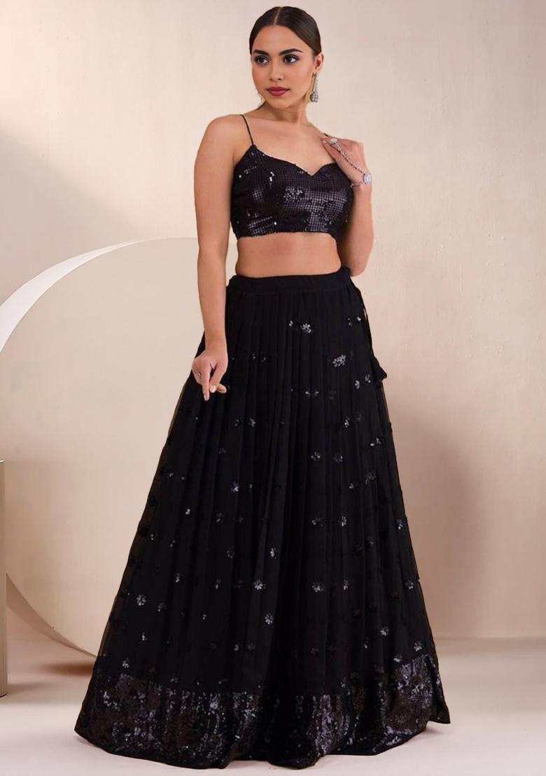 Black Embroidered Georgette Lehenga Set