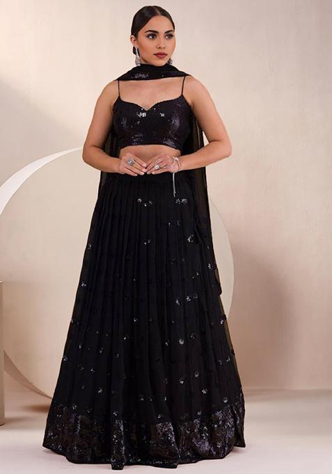 Black Embroidered Georgette Lehenga Set