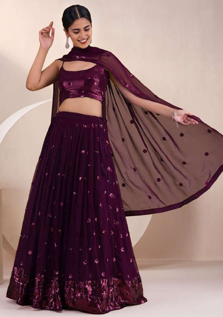Purple Embroidered Georgette Lehenga Set for Diwali and Festive Wear - Indya
