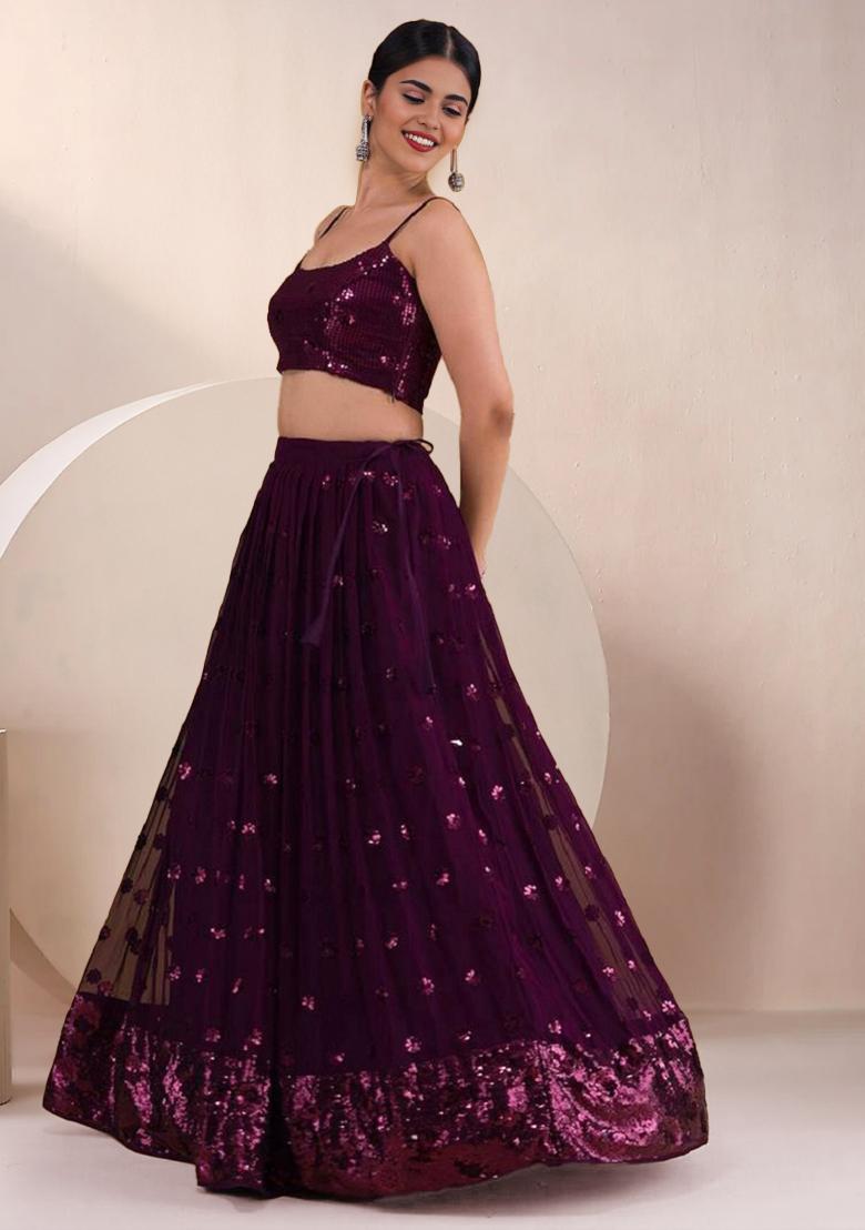 Purple Embroidered Georgette Lehenga Set