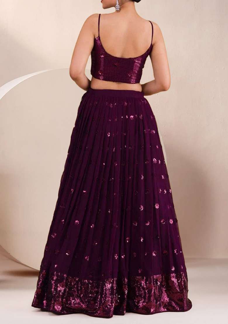Purple Embroidered Georgette Lehenga Set for Diwali and Festive Wear - Indya