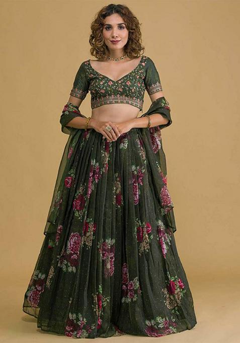 Green Embroidered Art Silk Lehenga Set
