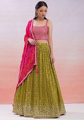 Green Embroidered Georgette Lehenga Set