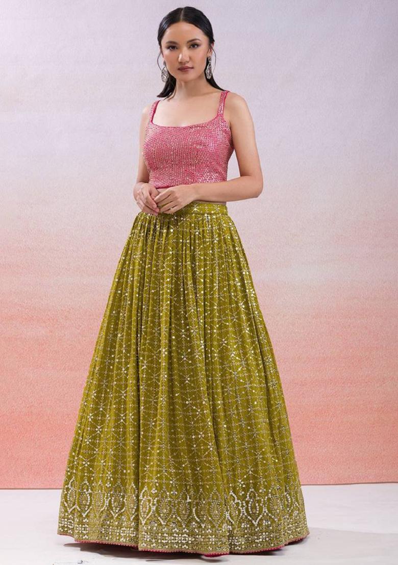 Green Embroidered Georgette Lehenga Set