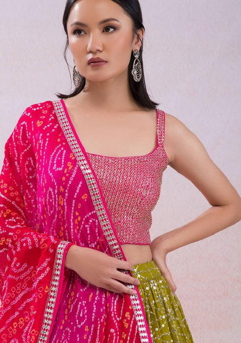 Green Embroidered Georgette Lehenga Set