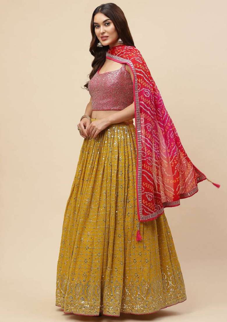 Mustard Georgette Lehenga Set with Embroidered for Diwali | Wedding & Festive Wear - Indya