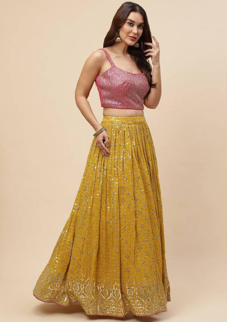 Mustard Embroidered Georgette Lehenga Set