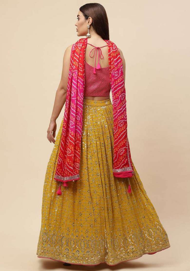 Mustard Georgette Lehenga Set with Embroidered for Diwali | Wedding & Festive Wear - Indya