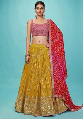 Yellow Embroidered Art Silk Lehenga Set
