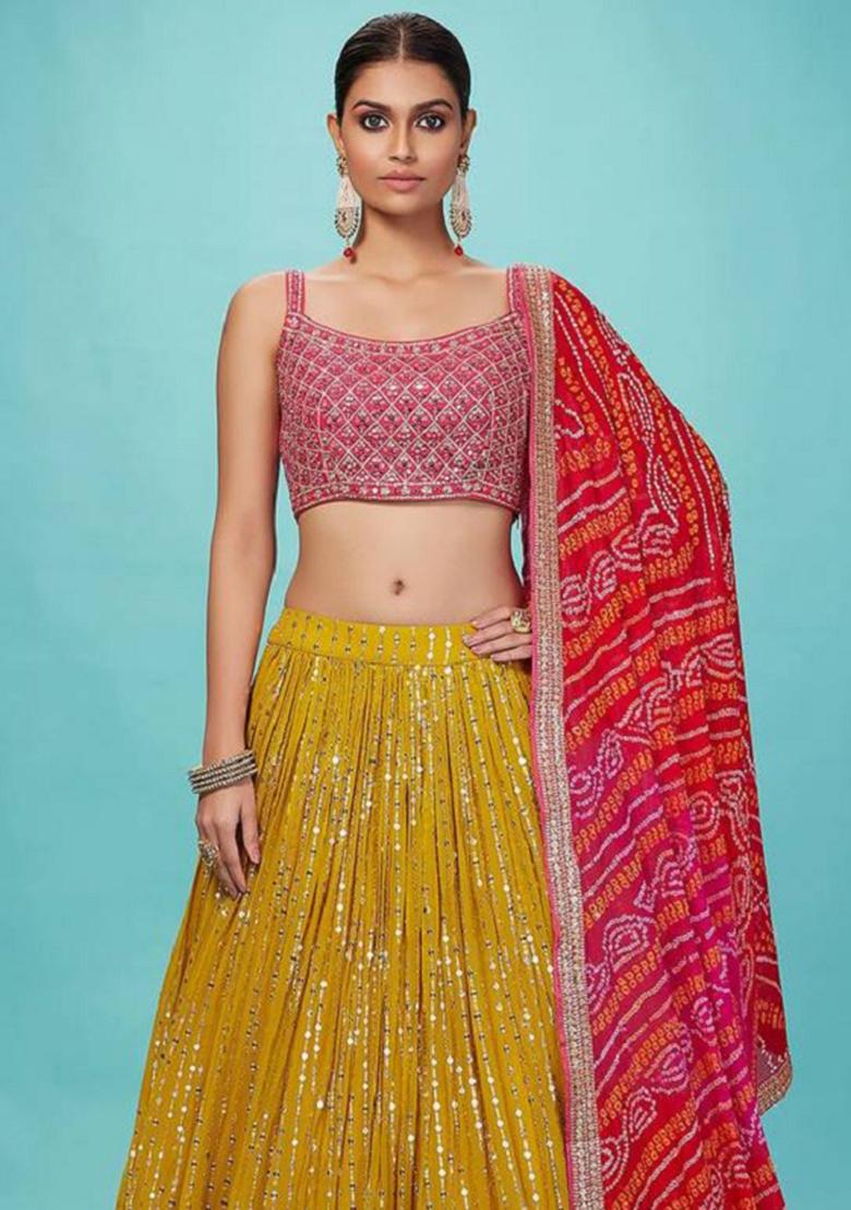 Yellow Embroidered Art Silk Lehenga Set
