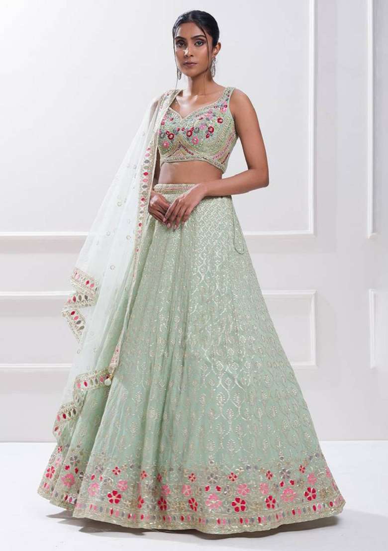 Sky Blue Georgette Lehenga Set with Embroidered for Diwali | Wedding & Festive Wear - Indya