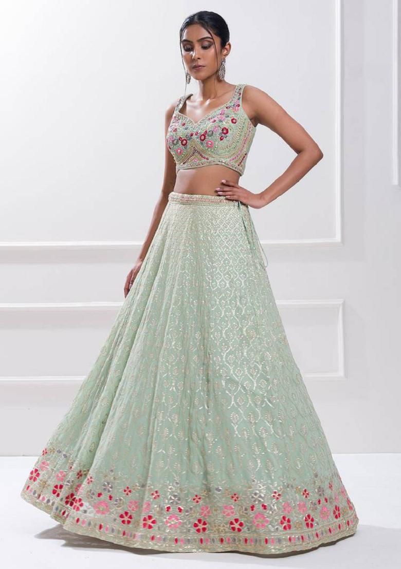 Sky Blue Embroidered Georgette Lehenga Set
