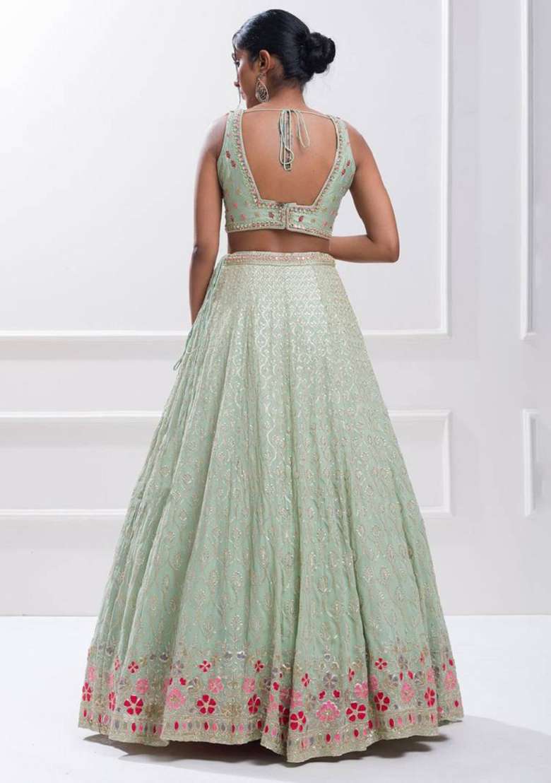 Sky Blue Georgette Lehenga Set with Embroidered for Diwali | Wedding & Festive Wear - Indya