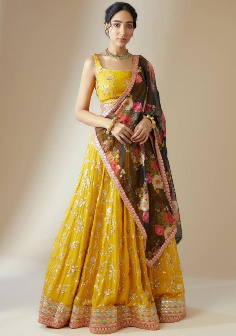 Yellow Embroidered Georgette Lehenga Set