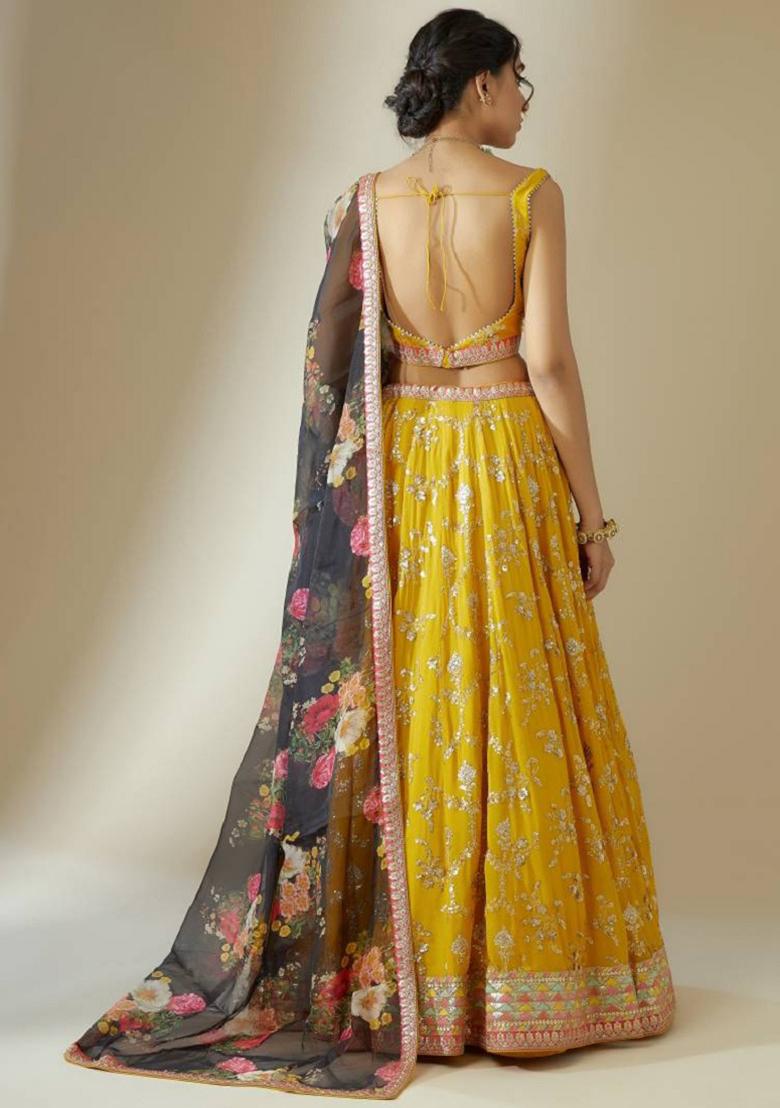 Yellow Embroidered Georgette Lehenga Set