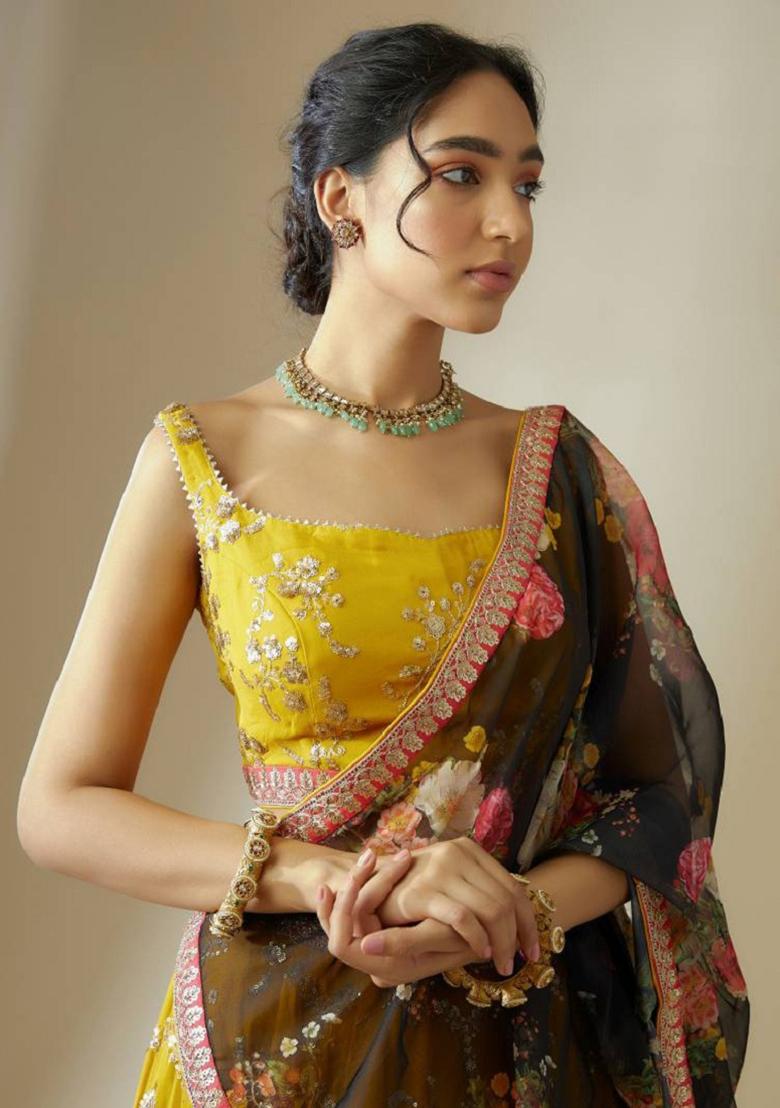Yellow Embroidered Georgette Lehenga Set