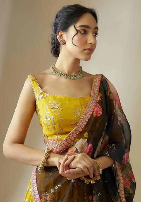 Yellow Embroidered Georgette Lehenga Set