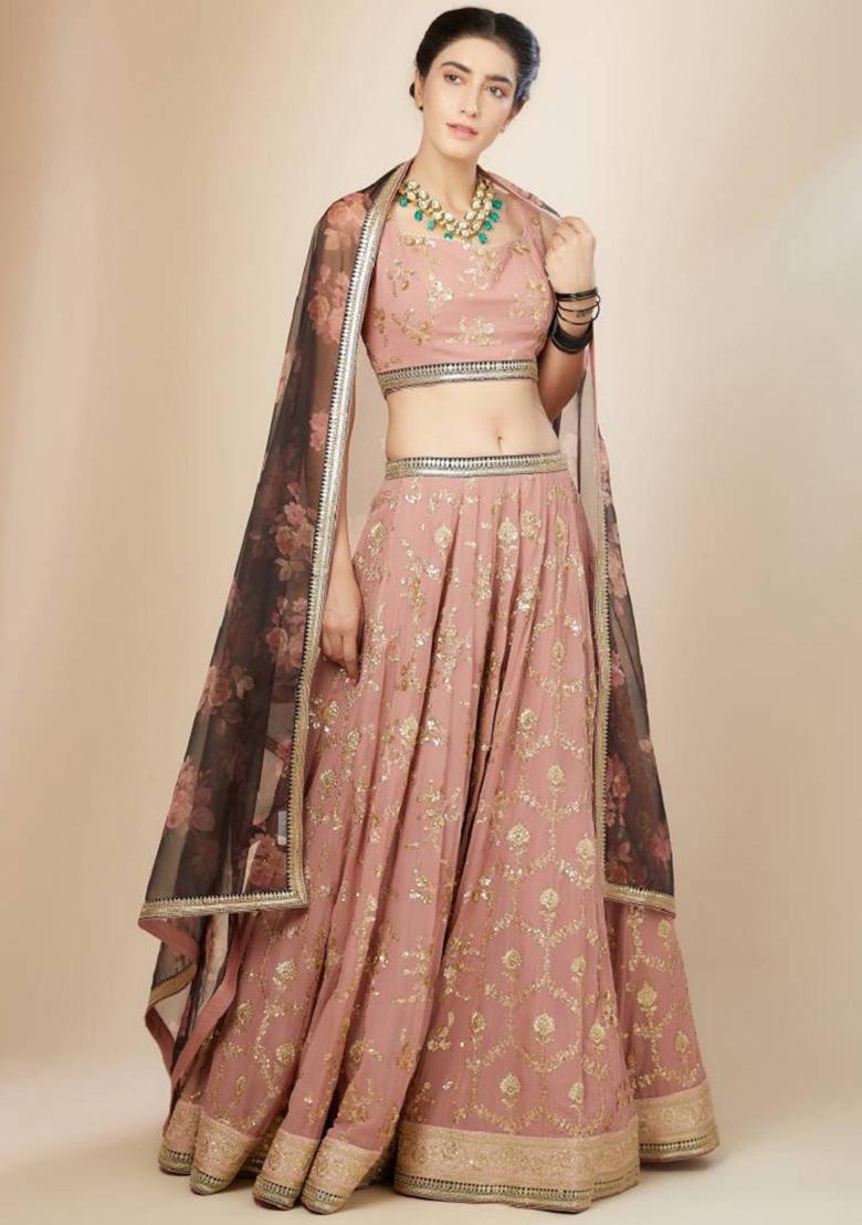 Pink Embroidered Georgette Lehenga Set