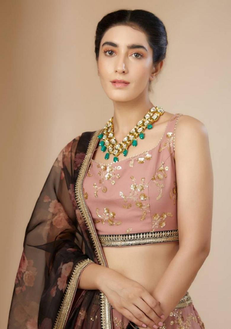 Pink Embroidered Georgette Lehenga Set