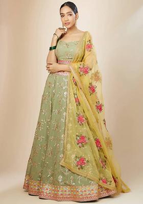 Olive Embroidered Georgette Lehenga Set