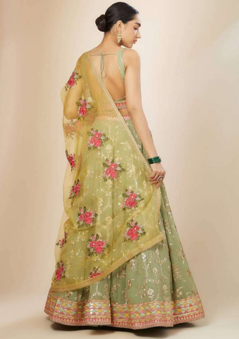 Olive Embroidered Georgette Lehenga Set for Diwali and Festive Wear - Indya