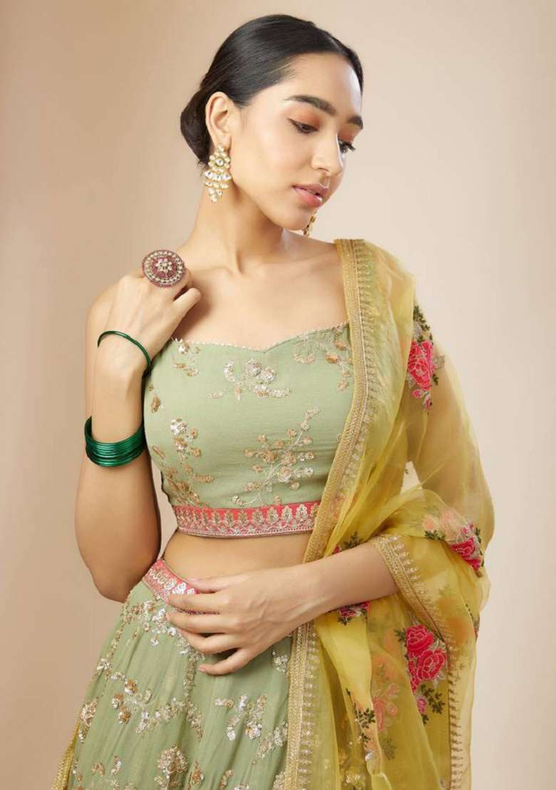 Olive Embroidered Georgette Lehenga Set for Diwali and Festive Wear - Indya