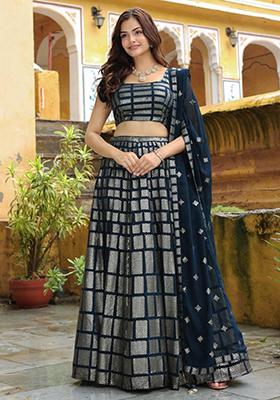 Teal Blue Embroidered Georgette Lehenga Set