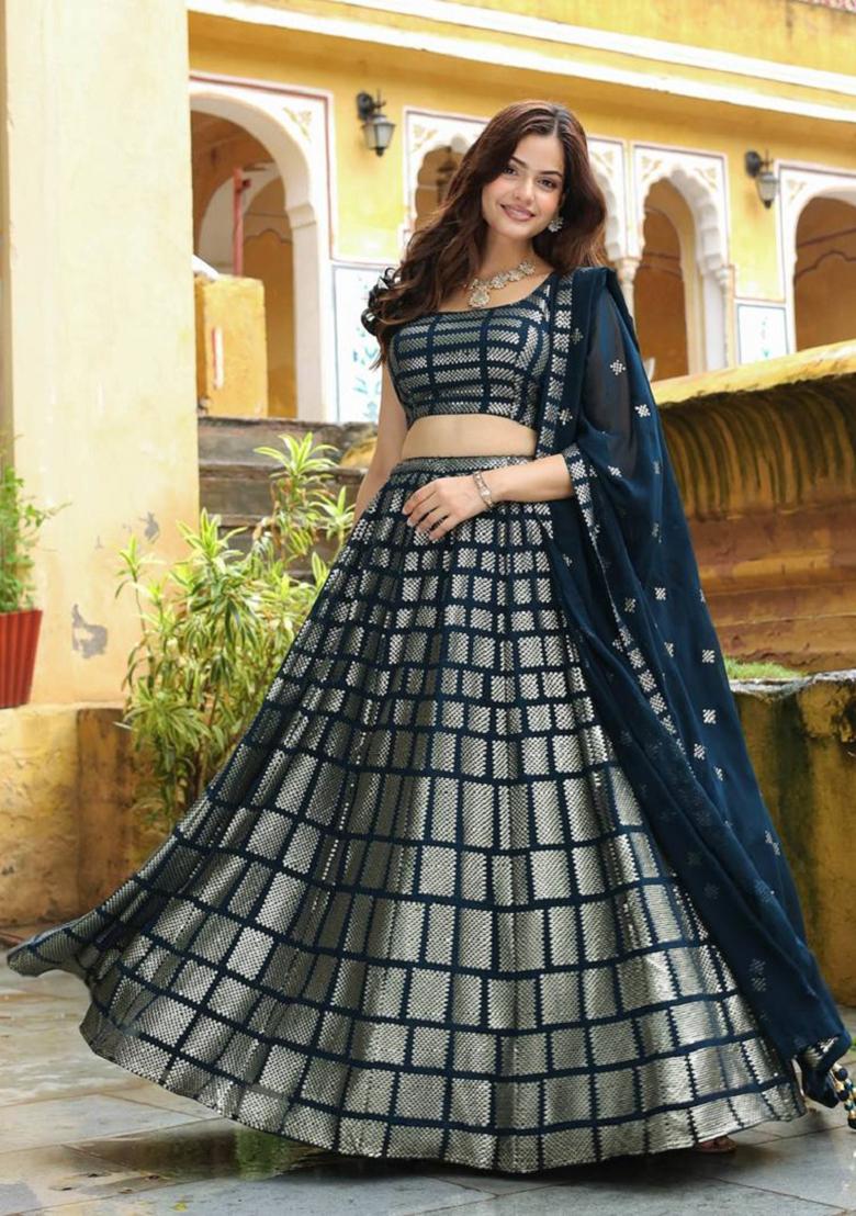 Teal Blue Embroidered Georgette Lehenga Set