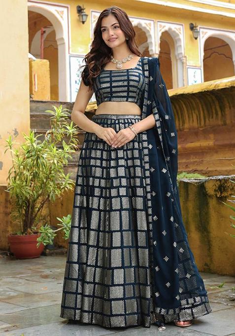 Teal Blue Embroidered Georgette Lehenga Set