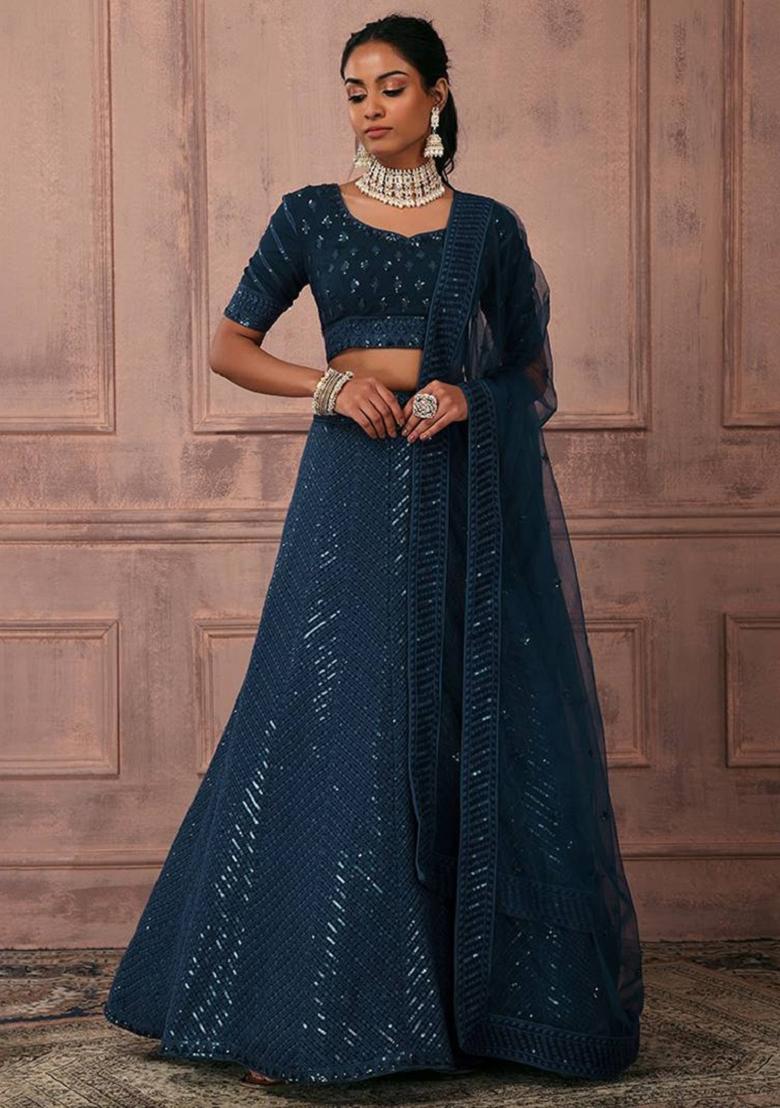 Blue Embroidered Georgette Lehenga Set