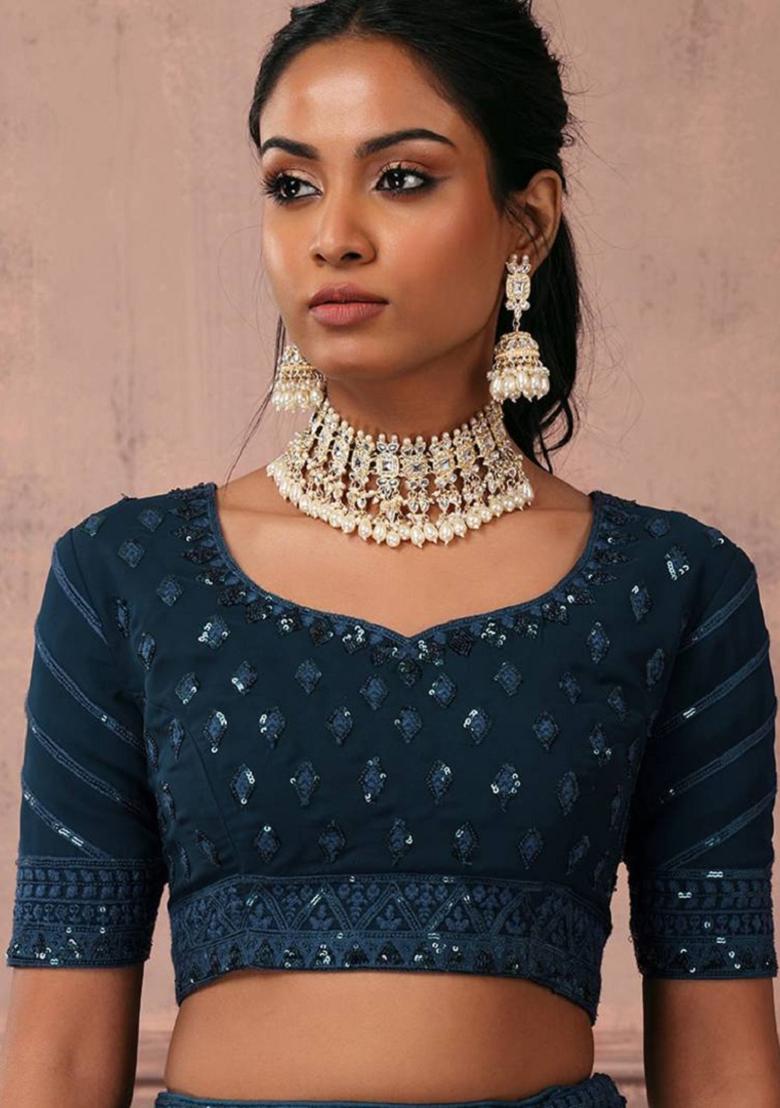 Blue Embroidered Georgette Lehenga Set