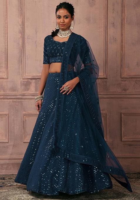 Blue Embroidered Georgette Lehenga Set