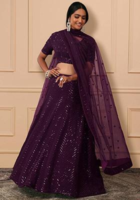 Purple Embroidered Georgette Lehenga Set