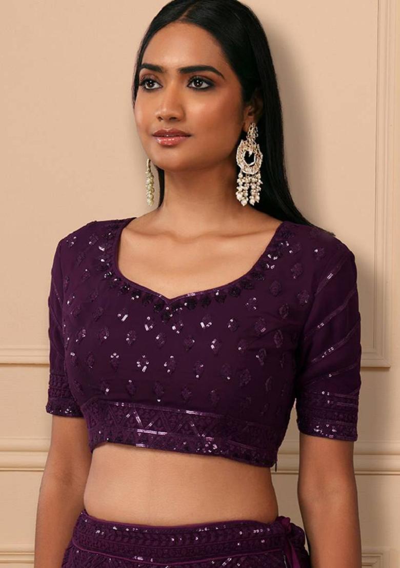 Purple Embroidered Georgette Lehenga Set