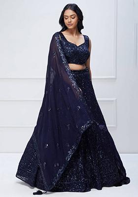 Blue Embroidered Georgette Lehenga Set