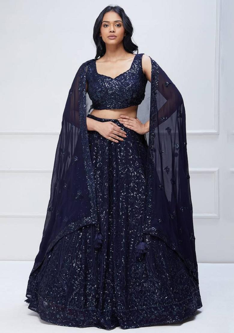 Blue Embroidered Georgette Lehenga Set