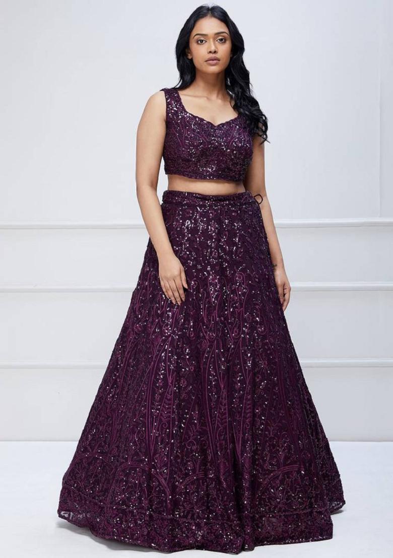 Purple Embroidered Georgette Lehenga Set
