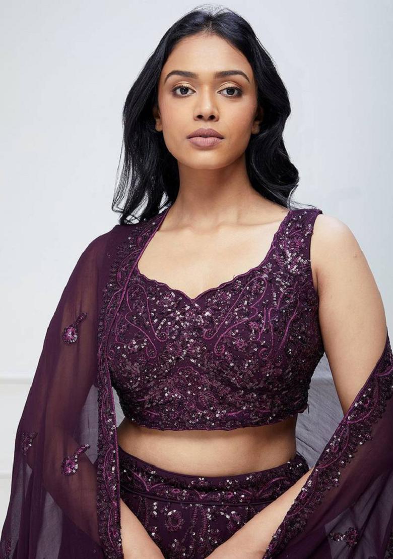 Purple Embroidered Georgette Lehenga Set