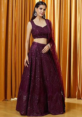 Purple Embroidered Net Lehenga Set
