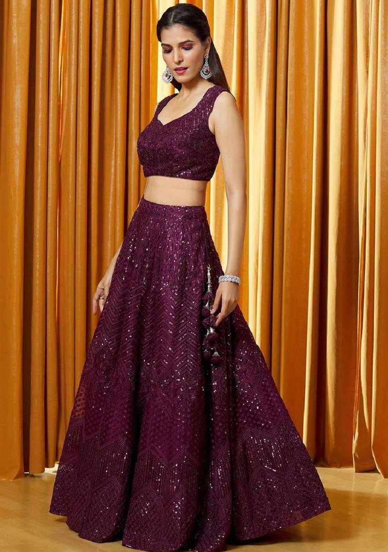 Purple Embroidered Net Lehenga Set