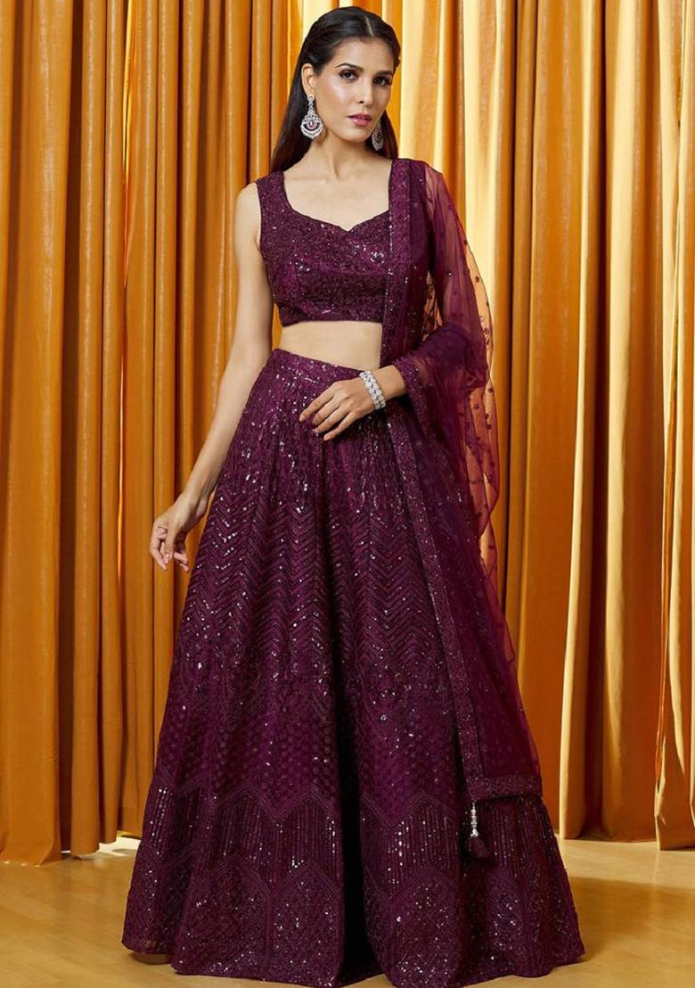Purple Embroidered Net Lehenga Set