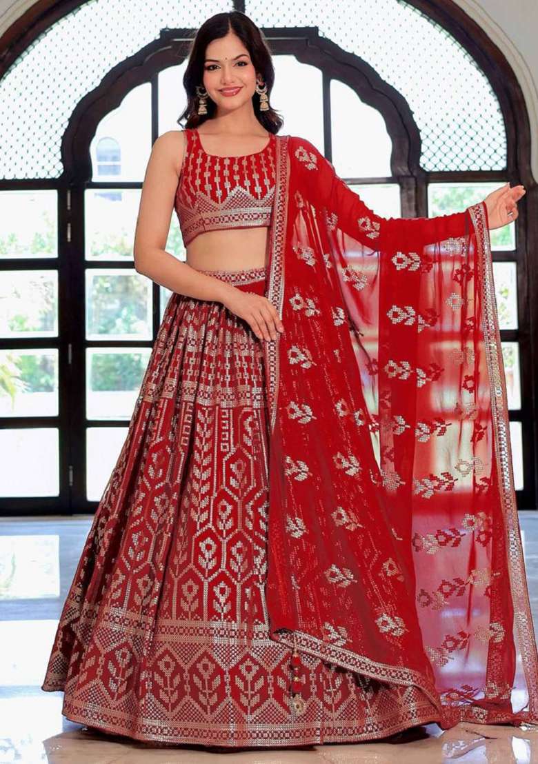 Maroon Georgette Lehenga Set with Embroidered for Diwali | Wedding & Festive Wear - Indya