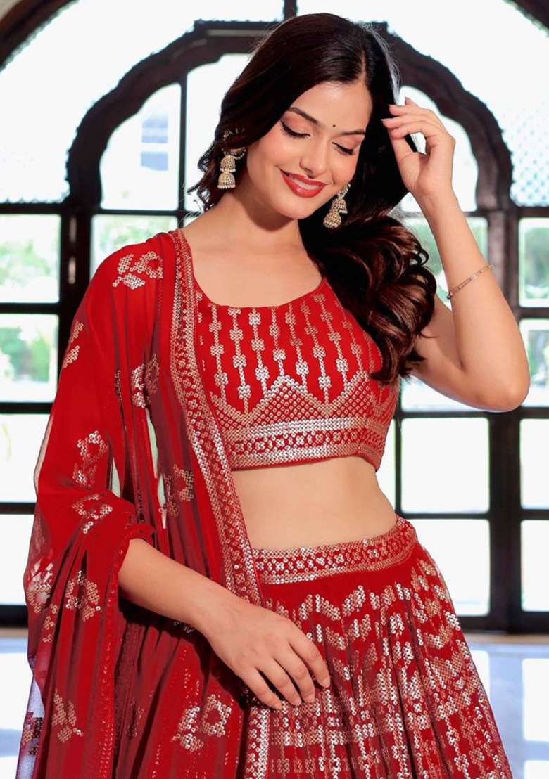 Maroon Georgette Lehenga Set with Embroidered for Diwali | Wedding & Festive Wear - Indya
