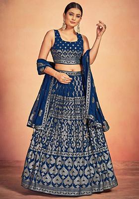 Navy Blue Embroidered Georgette Lehenga Set