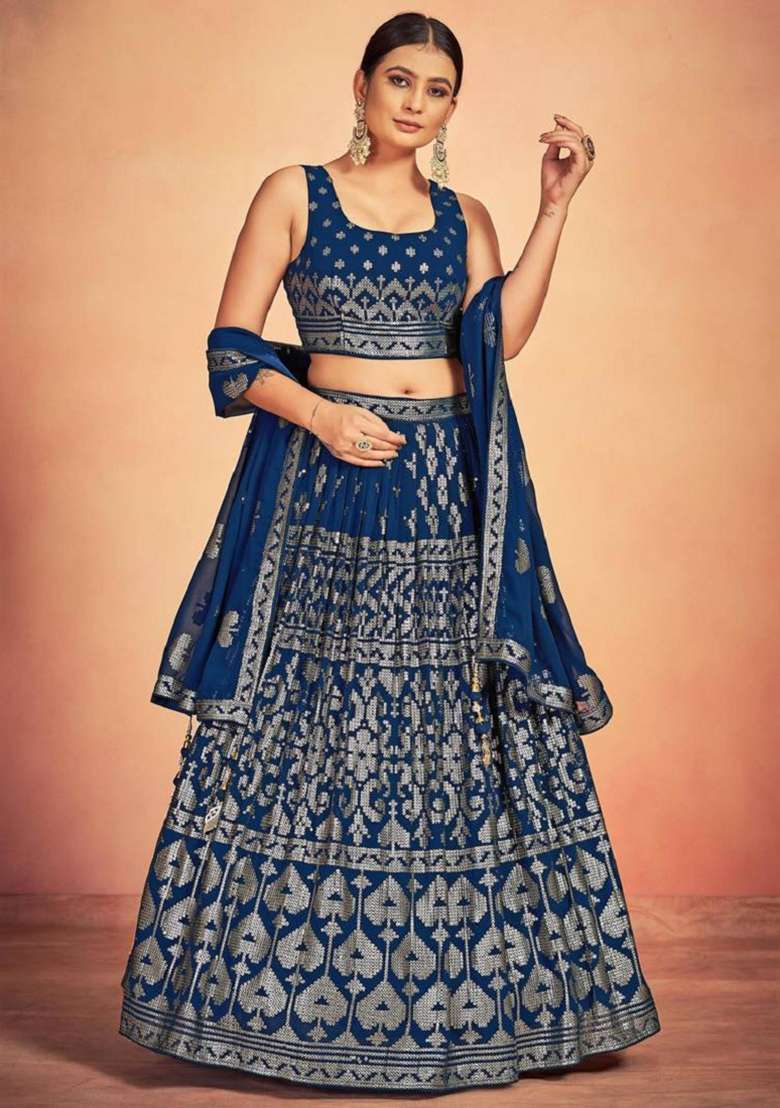 Navy Blue Embroidered Georgette Lehenga Set for Diwali and Festive Wear - Indya