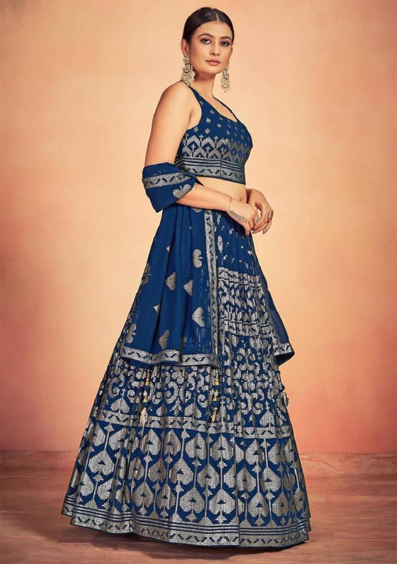 Navy Blue Embroidered Georgette Lehenga Set