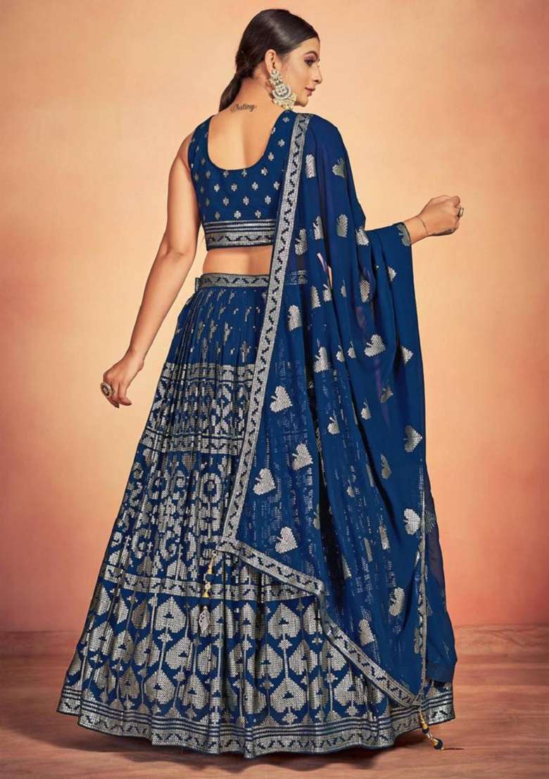 Navy Blue Embroidered Georgette Lehenga Set for Diwali and Festive Wear - Indya