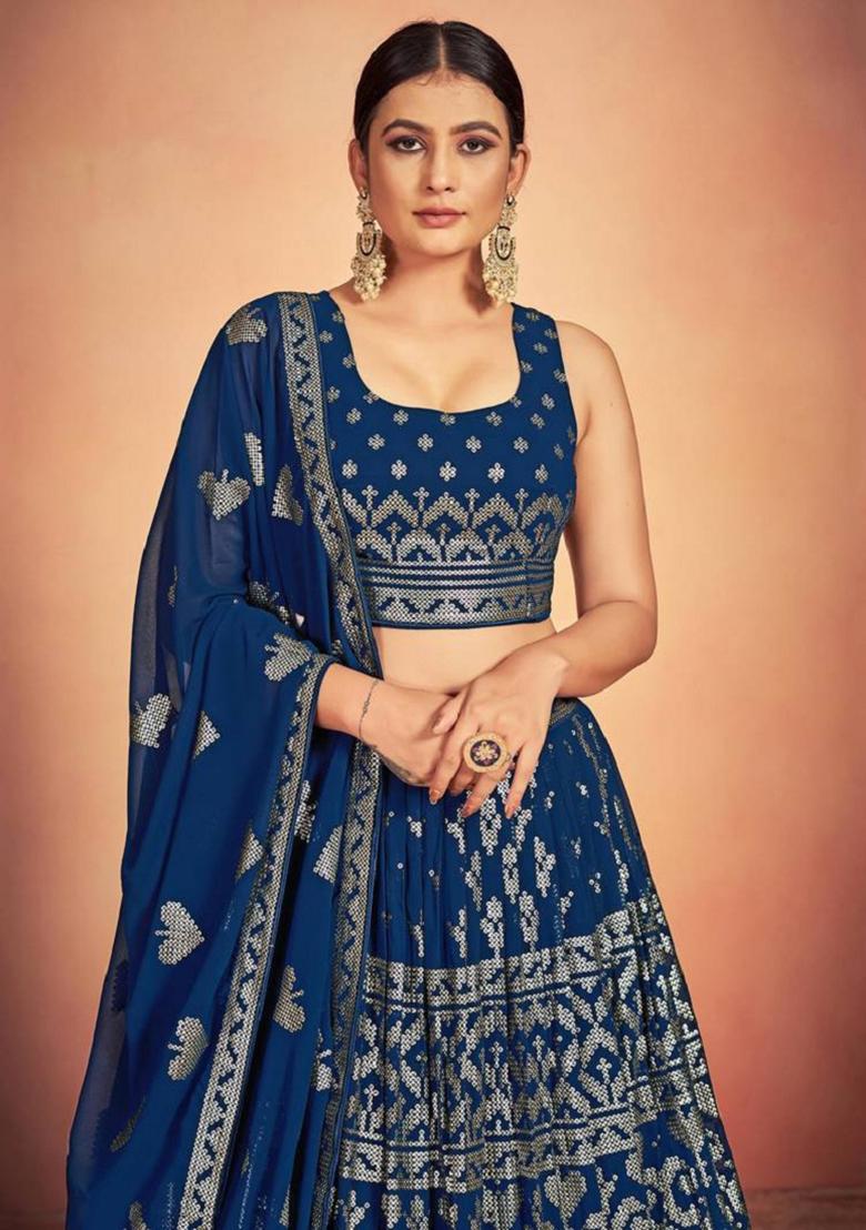 Navy Blue Embroidered Georgette Lehenga Set